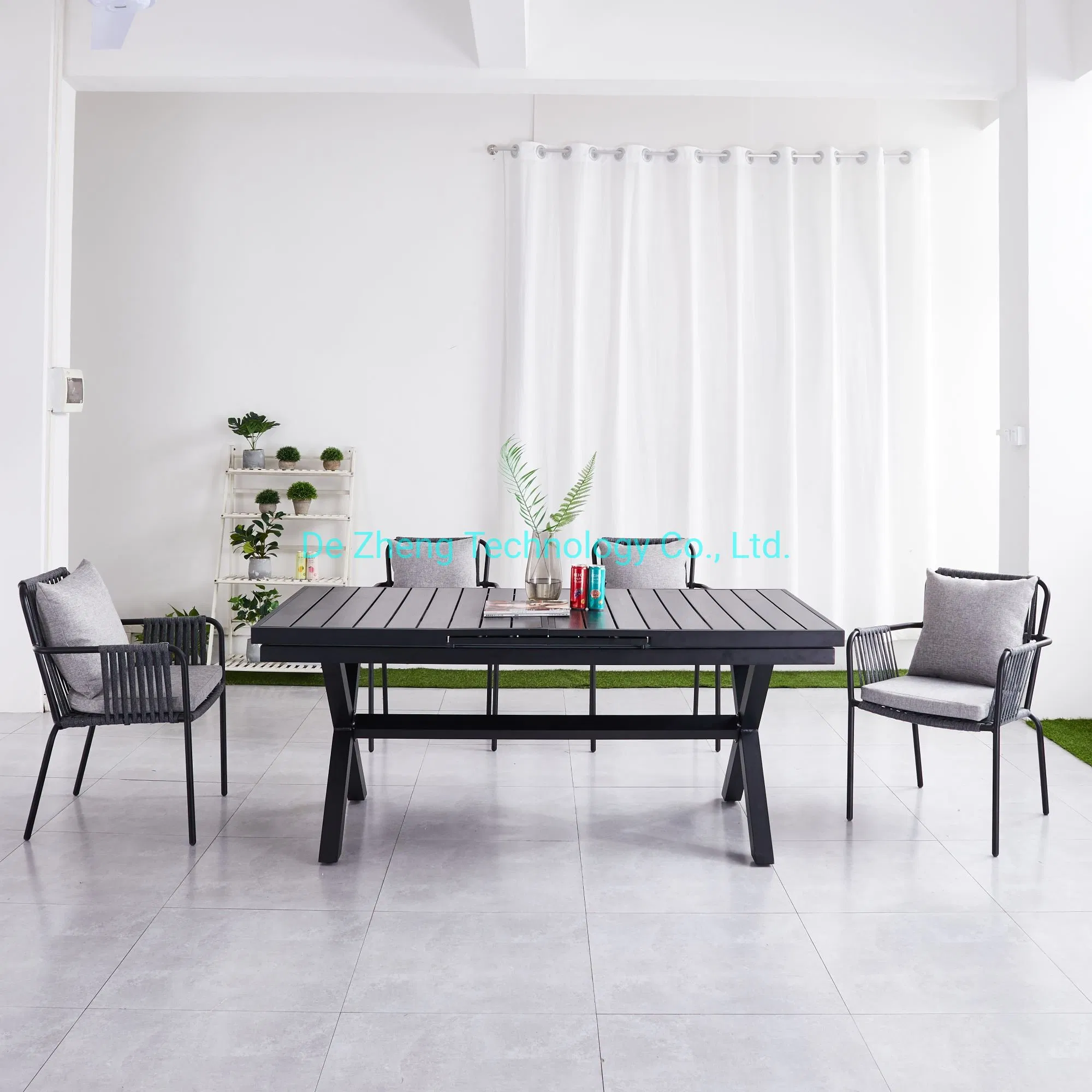 Extendable All Aluminum Wood Picnic Garden Home Dining Rectangle Table and Chairs