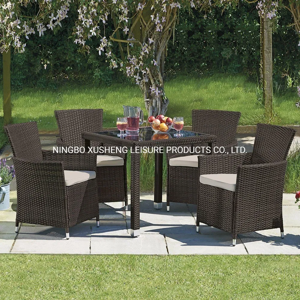 Leisure Outdoor Teak Furniture Garden Weather-Proof Rope Tempered Glass Dining Table Set