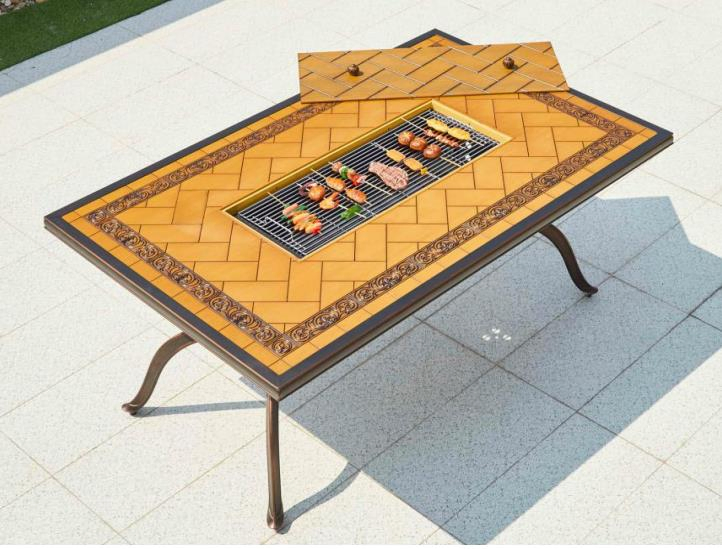 Rectangular Shaped Tile Top BBQ Grill Inserted Aluminum Cast Patio Table