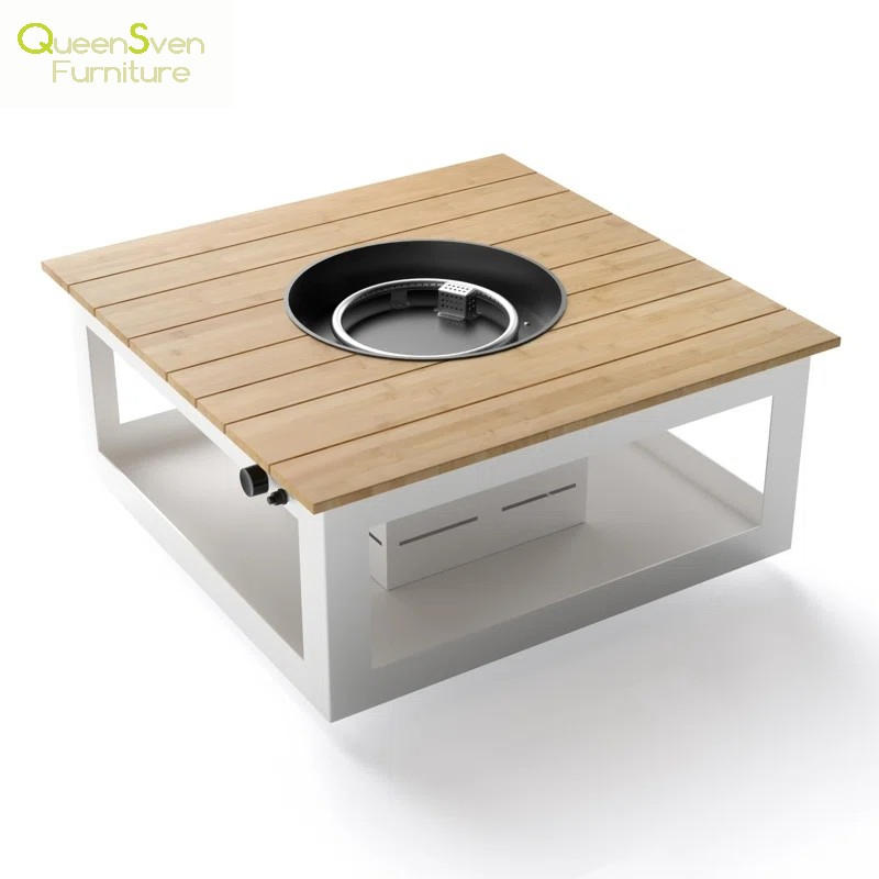 Outdoor Furniture Solid Wood Teak BBQ Grill Gas Fire Pit Stove Dining Table