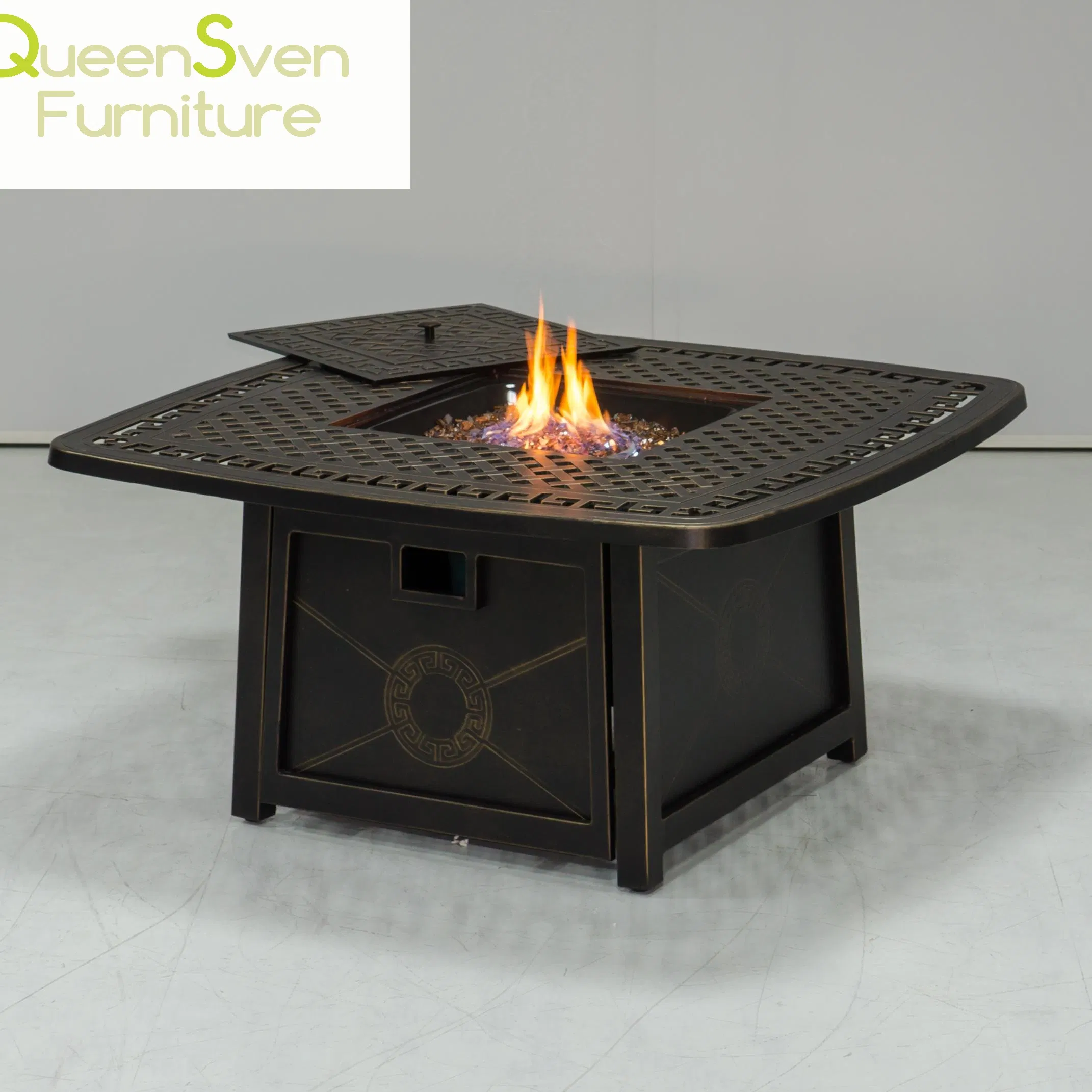 Outdoor Square Fire Pit Dining Table in Durable Cast Aluminium