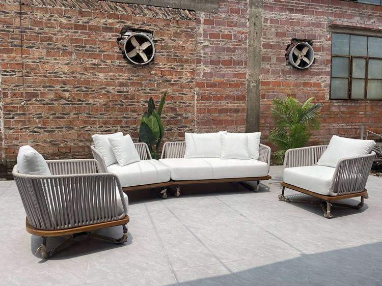 Patio Weather Outdoor Teak Furniture Items Solid Wooden Rope Teak Rattan Sofas Living Room