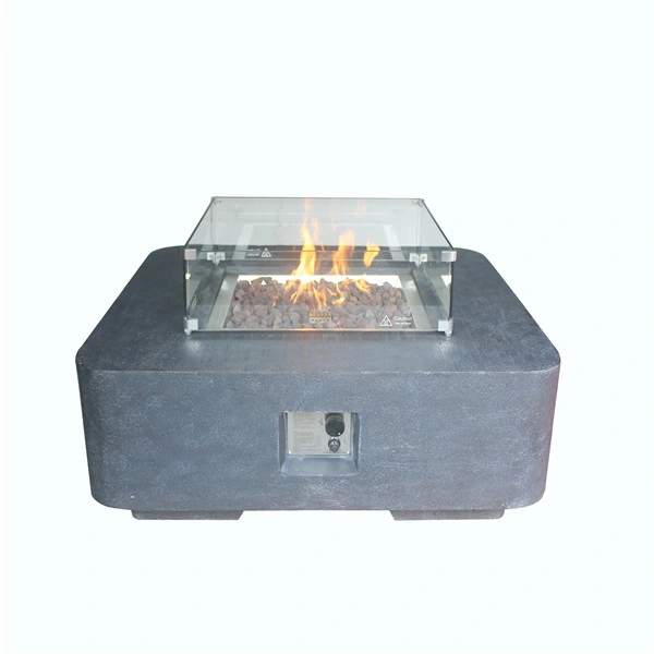 Dining Big Square Fire Pit Table with Red Lava Rocks Temper Glass Wind Guard