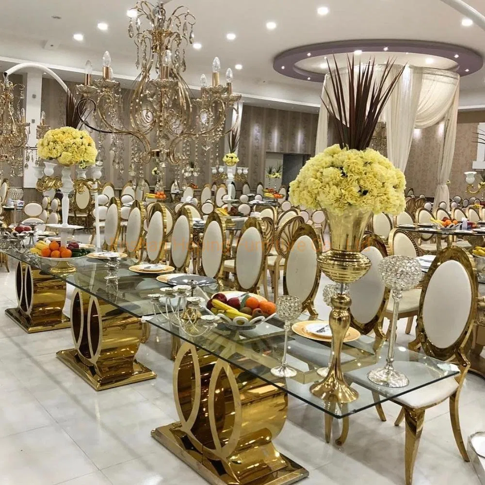 Latest China Manufacturer Dreamlike Gold Metal Frame Glass Wedding Dining Table for Events