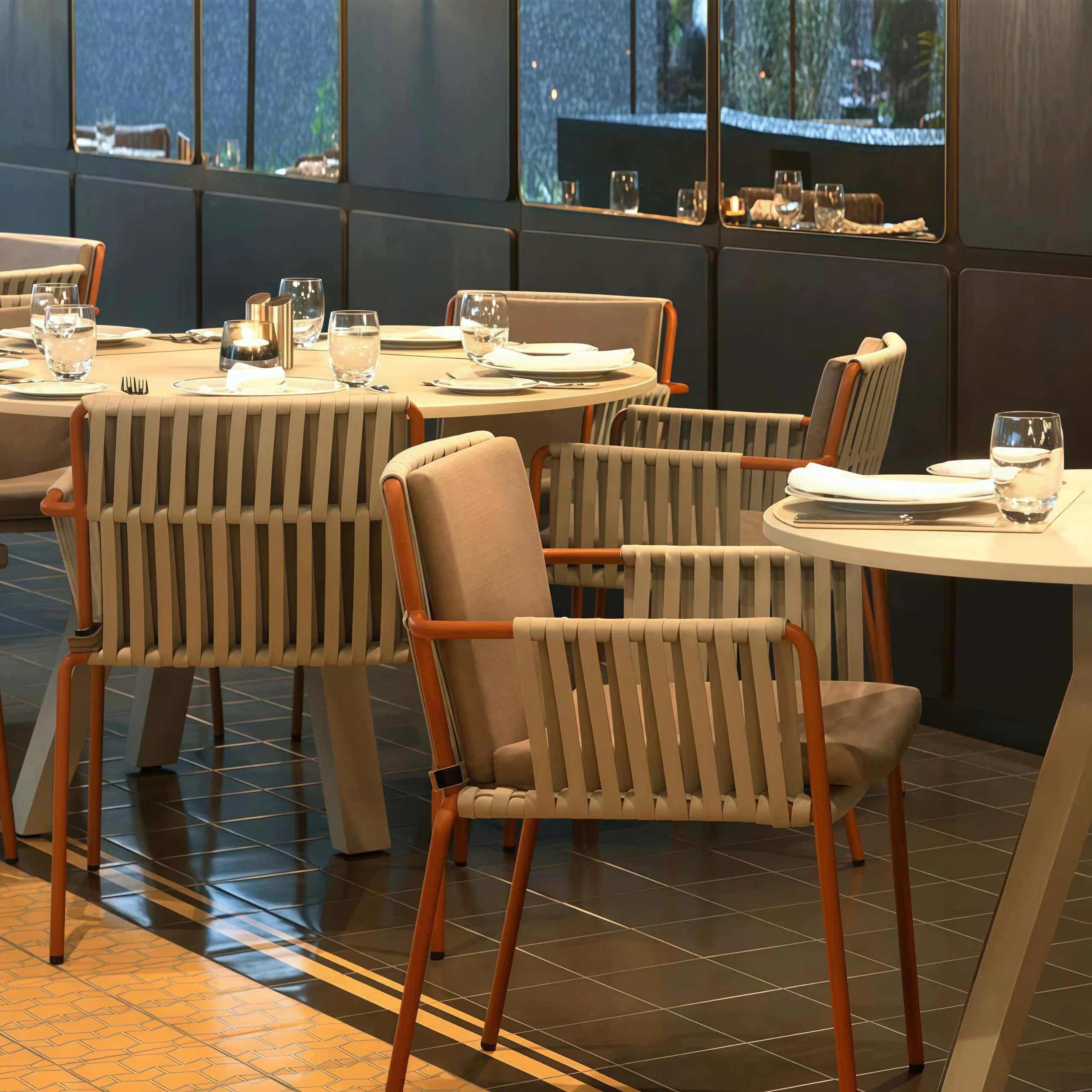 Luxury Outdoor Restaurant Furniture Set with Custom Upholstered Chairs &amp; Bistro Table Waterfront Dining Venues