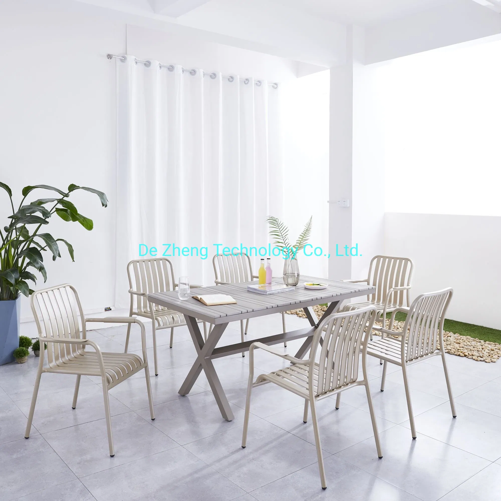 Guangdong Garden Outdoor Restaurant Furniture Aluminum and Faux Wood 4 Seater Dining Set Table Chairs
