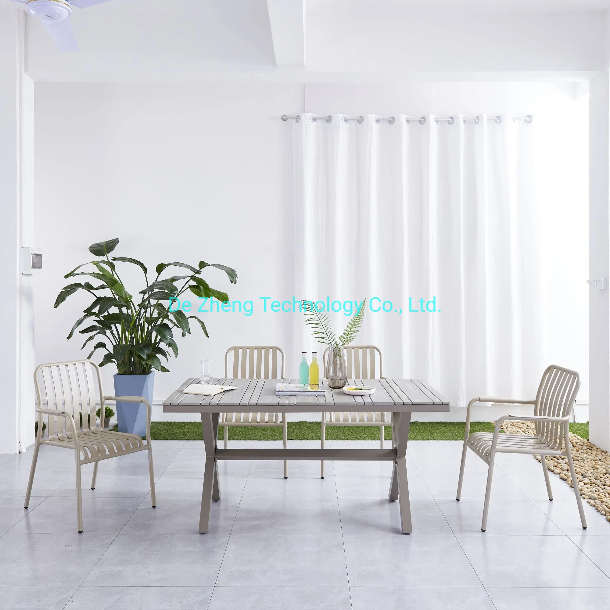 Guangdong Garden Outdoor Restaurant Furniture Aluminum and Faux Wood 4 Seater Dining Set Table Chairs