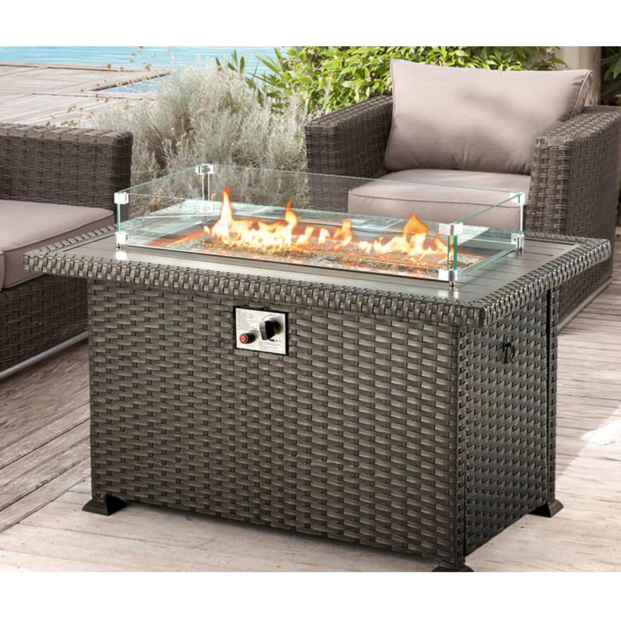 Tg Outdoor Garden Furniture Patio Rattan Fire Pit Table Wicker Rectangle Gas Fire Pit Dining Table