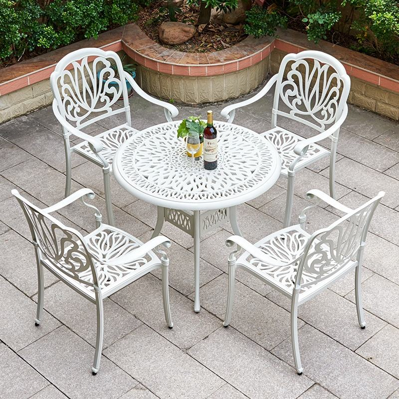 European Garden Restaurant Furniture White Cast Aluminum Courtyard Patio Dining Table and Chairs