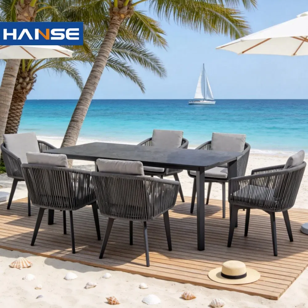 Nordic 6 Seater White Marble BBQ Table Fire Pit Set Garden Dining Table Set Rattan Modern Outdoor Dining Tables