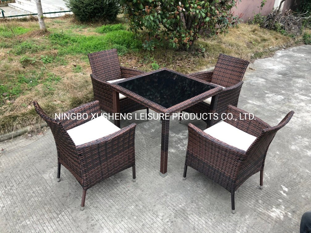 Leisure Outdoor Teak Furniture Garden Weather-Proof Rope Tempered Glass Dining Table Set