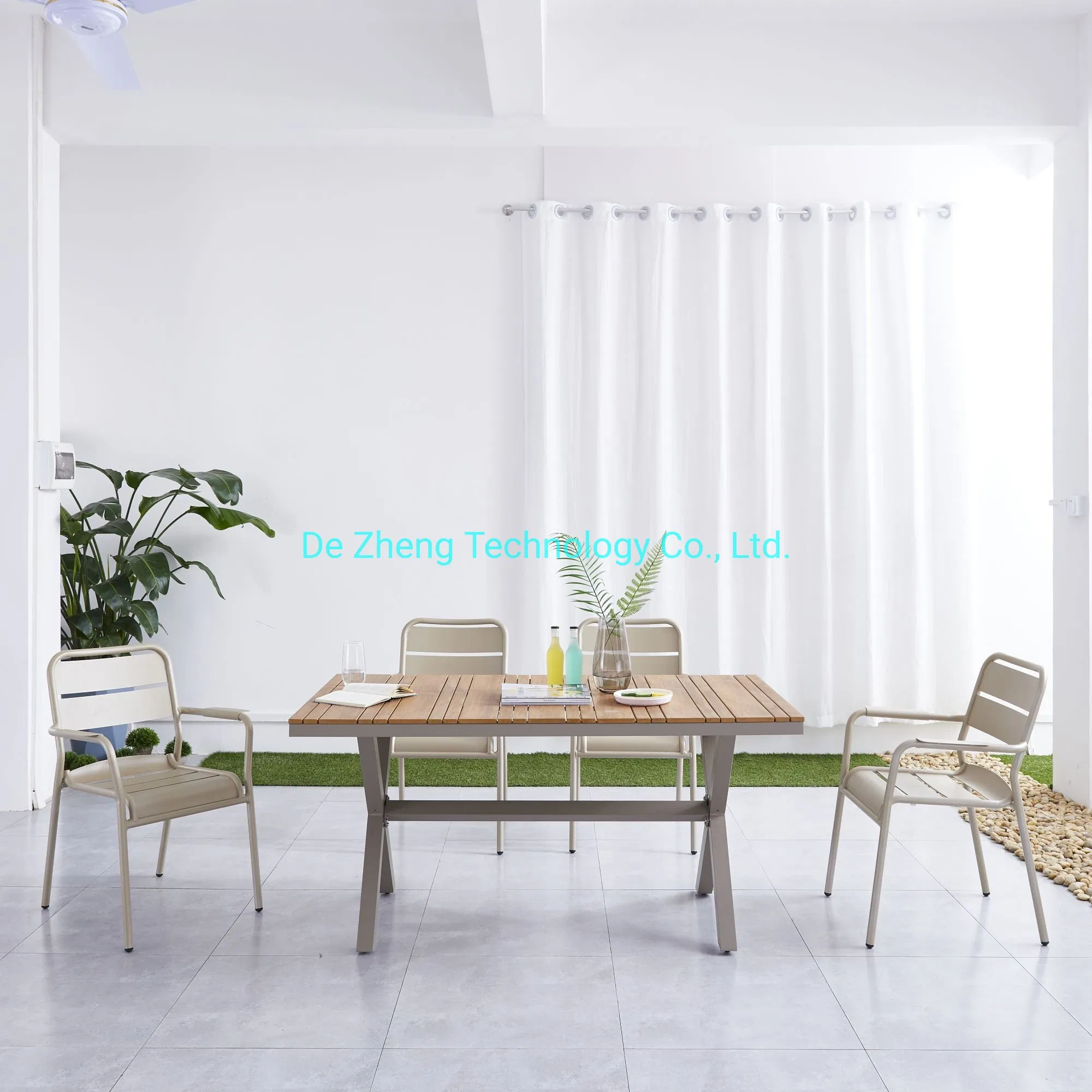 Guangdong Garden Outdoor Restaurant Furniture Aluminum and Faux Wood 4 Seater Dining Set Table Chairs