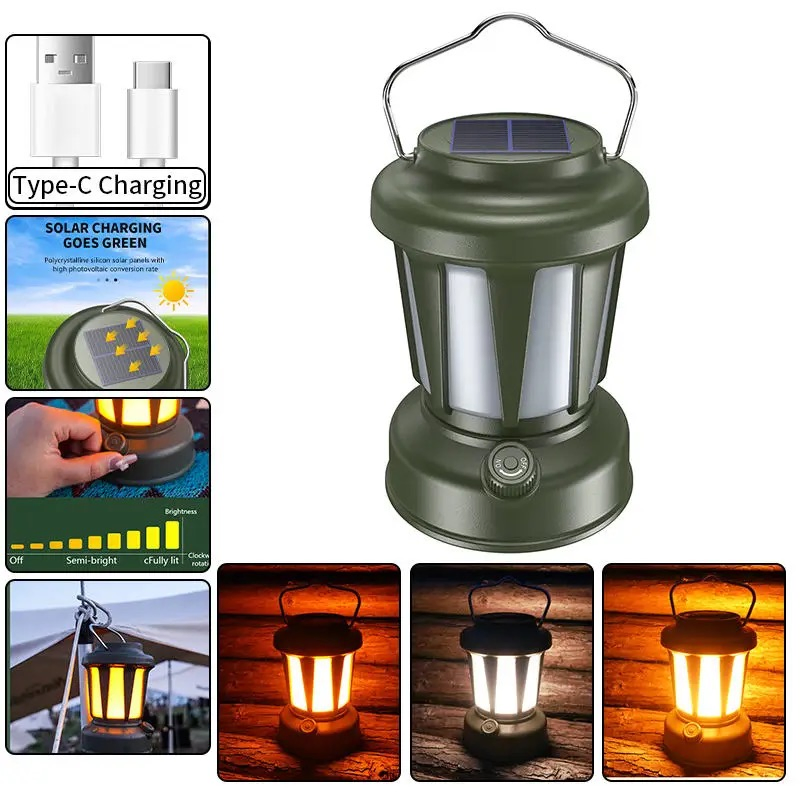 Camping Lantern Solar Powered Warm Light Handheld Tent Lamp USB Rechargeable Emergency Light