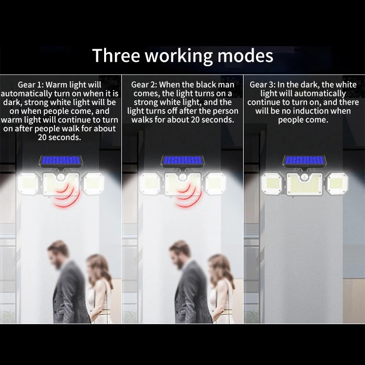 3 Head PIR Motion Sensor LED Solar Light Outdoor IP65 Waterproof Solar Wall Lamp Post Light