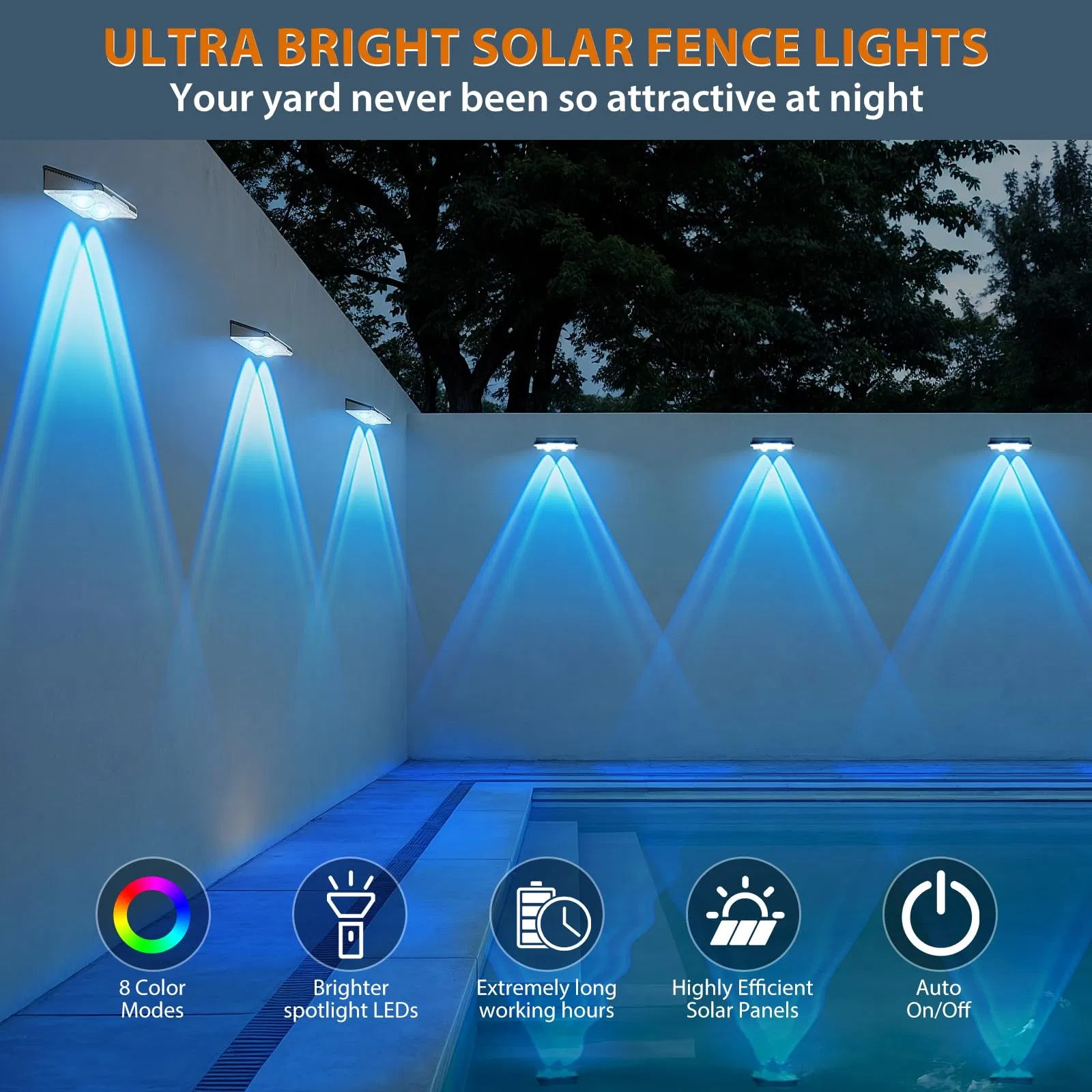 Solar Fence Lights Outdoor 2-Pack – 3000K/4000K/6000K, 3 Lighting Modes, IP65 Waterproof for Patio, Deck, and Pool