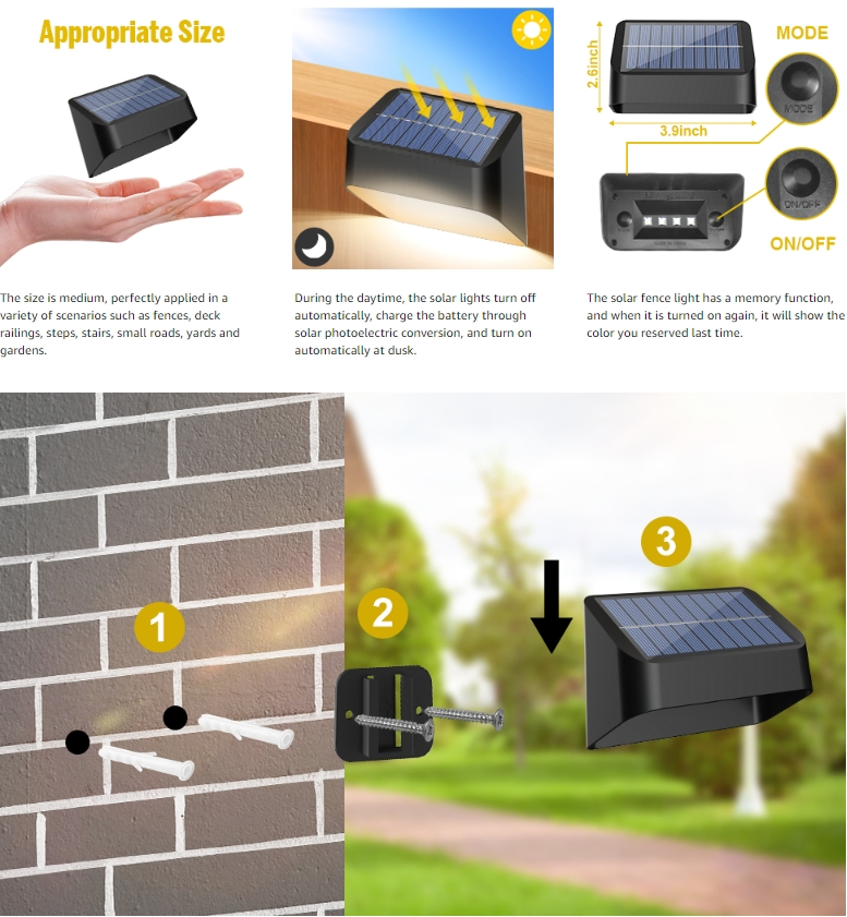 Solar Fence Light Outdoor RGB 8 Colors Deck Light IP65 Step Light