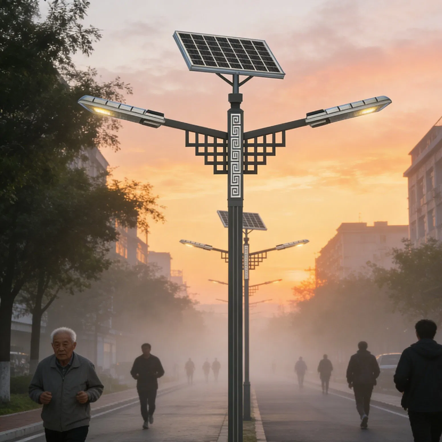 Cultural Motif Solar Street Light with Dual LED Heads for Urban Areas