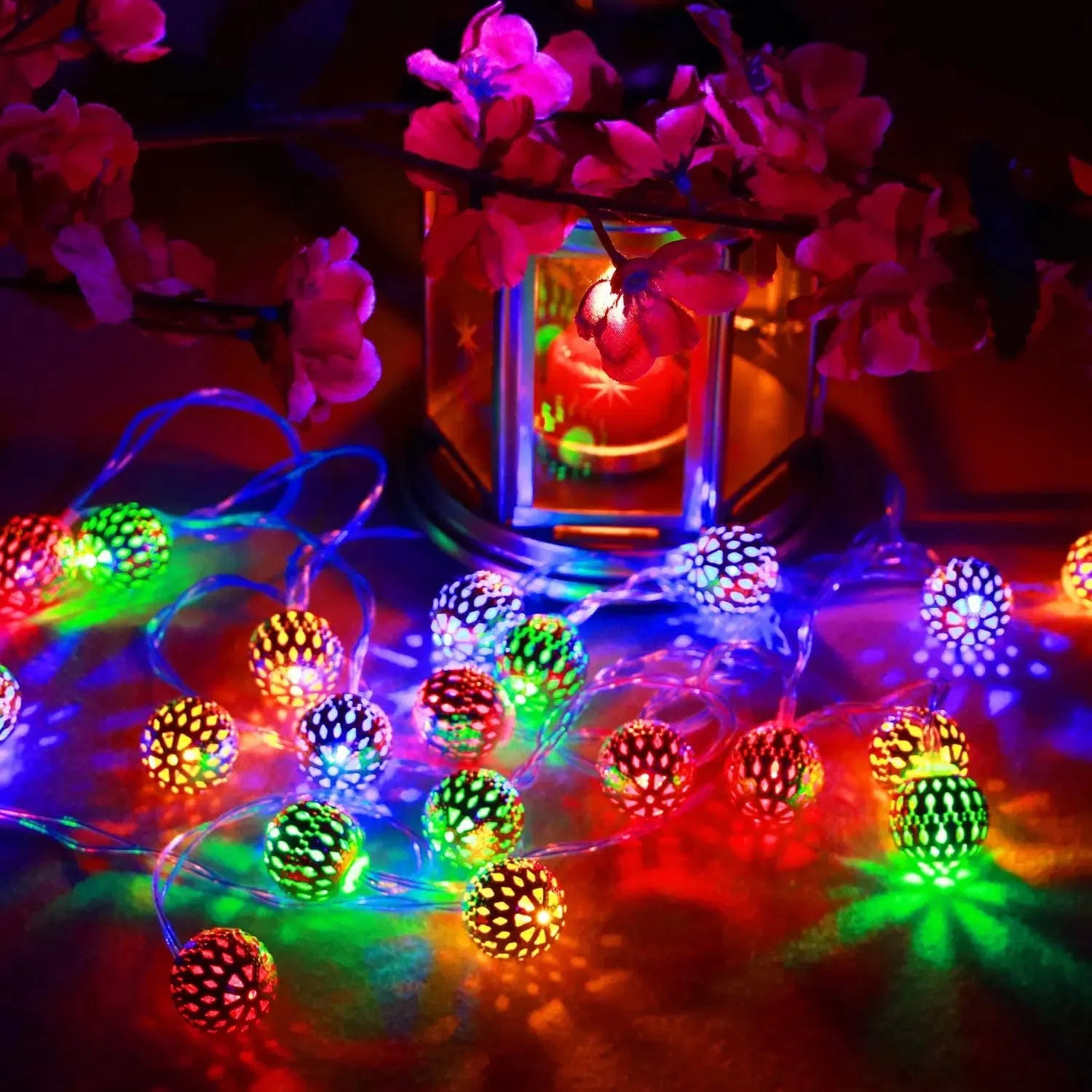 5m 20LED Solar Decorations Outdoor RGB Light String 8 Modes Solar Powered Moluoger Ball LED Fairy String Lights for Christmas