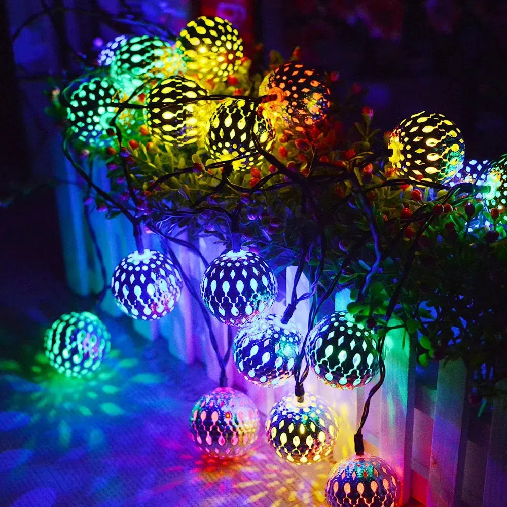 5m 20LED Solar Decorations Outdoor RGB Light String 8 Modes Solar Powered Moluoger Ball LED Fairy String Lights for Christmas