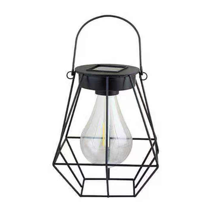 Iron Hanging Lantern Lamp Metal Handle Outdoor Waterproof Solar Garden Decorative Light with Copper Wire LED Bulb
