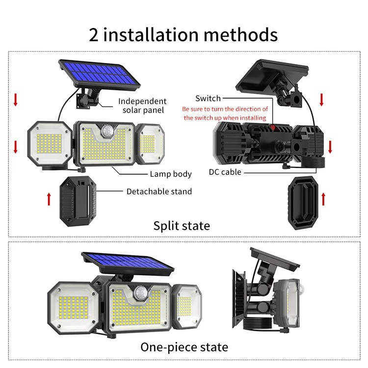 3 Head PIR Motion Sensor LED Solar Light Outdoor IP65 Waterproof Solar Wall Lamp Post Light