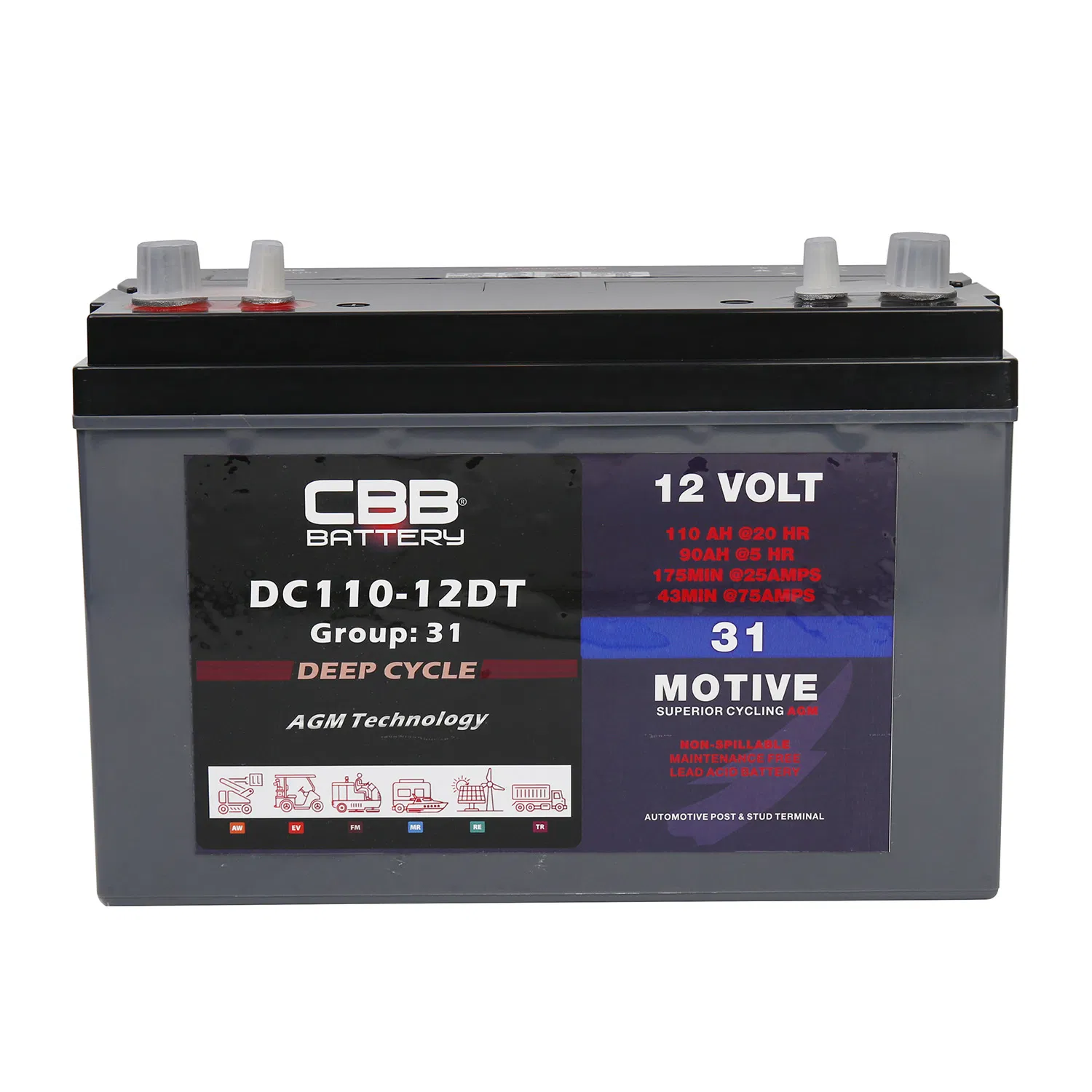 Double Terminals of Deep Cycle AGM Battery 12V110ah for RV Camping Boat Forklift