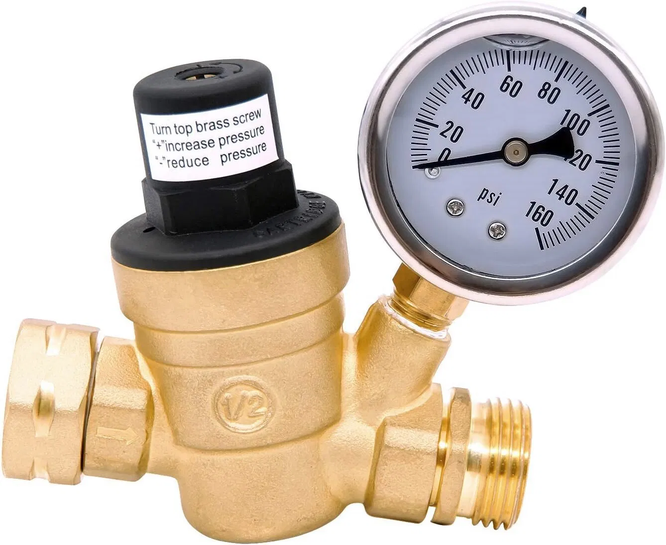 Pressure Regulator Reducer 3/4" Nh Brass Lead-Free Adjustable RV Reducing Pressure Valve with 160 Psi Gauge for RV Camper Travel Trailer