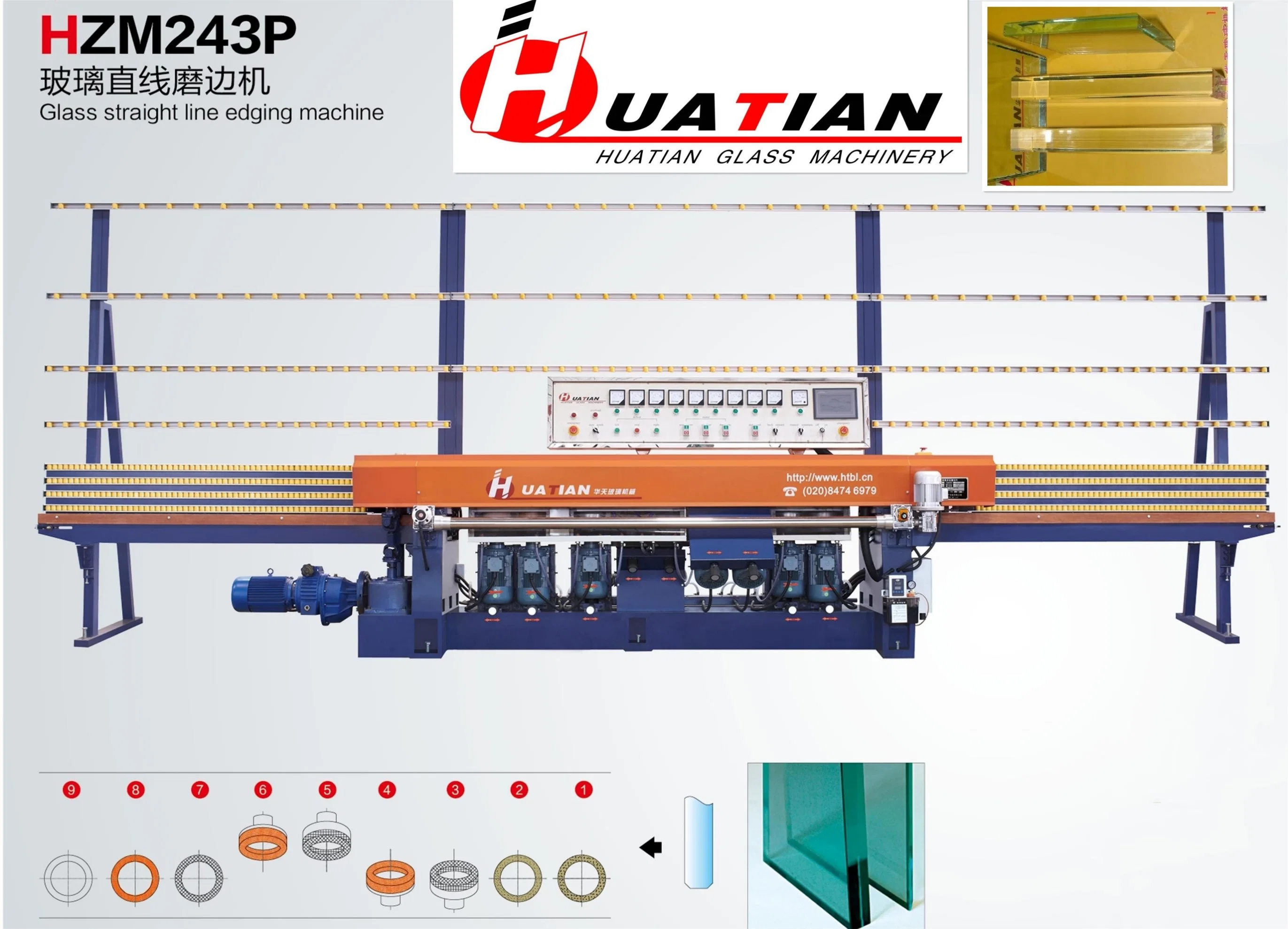 Automatic 9 Wheels Spindles Huatian Glass Straight Line Edging Grinding Machine Price