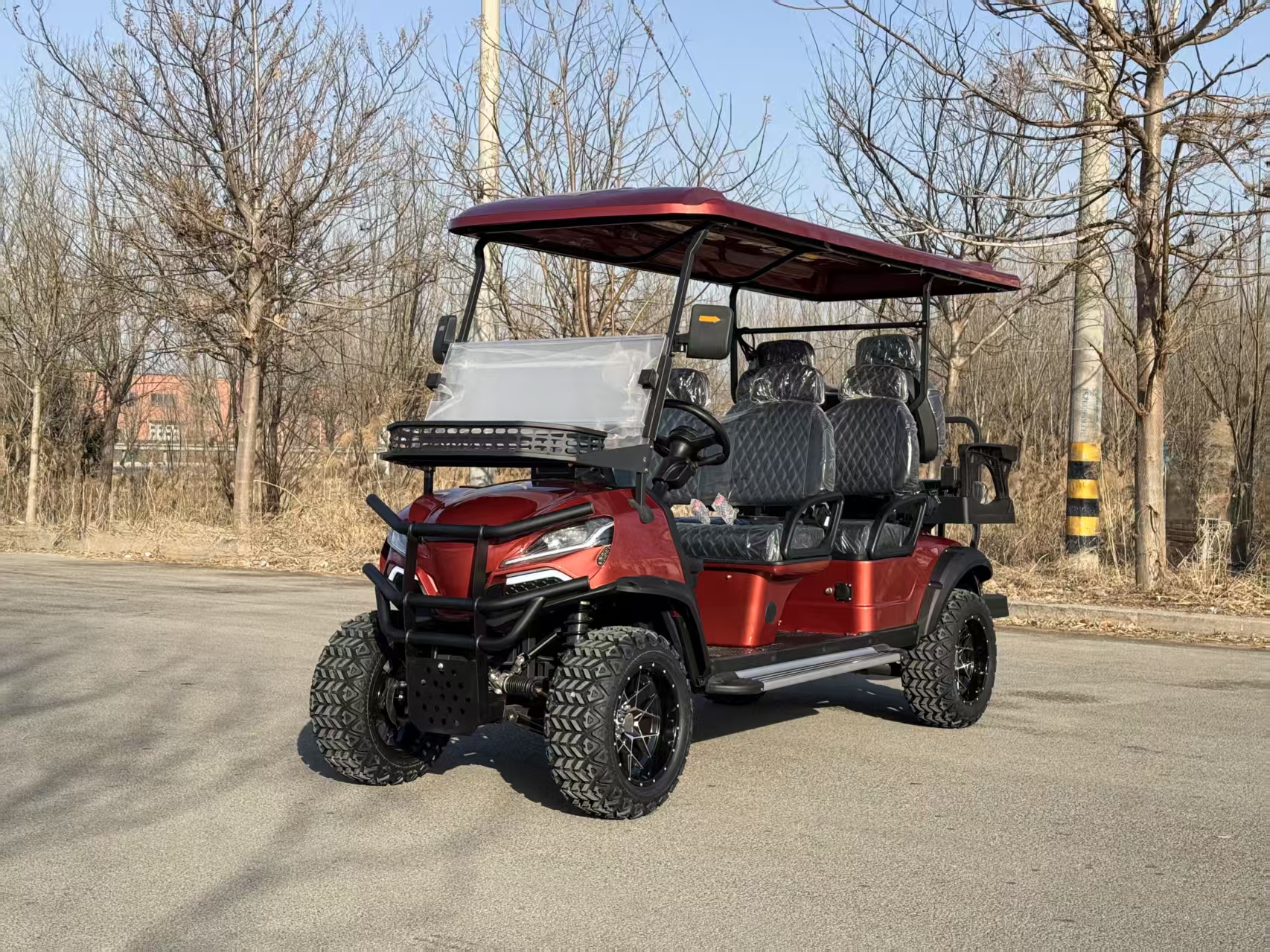 4+2 Seater Electric Golf Cart With Windshield &amp; Roof, Custom Color Logo Available, 6 Passenger Utility Hunting Shuttle Car