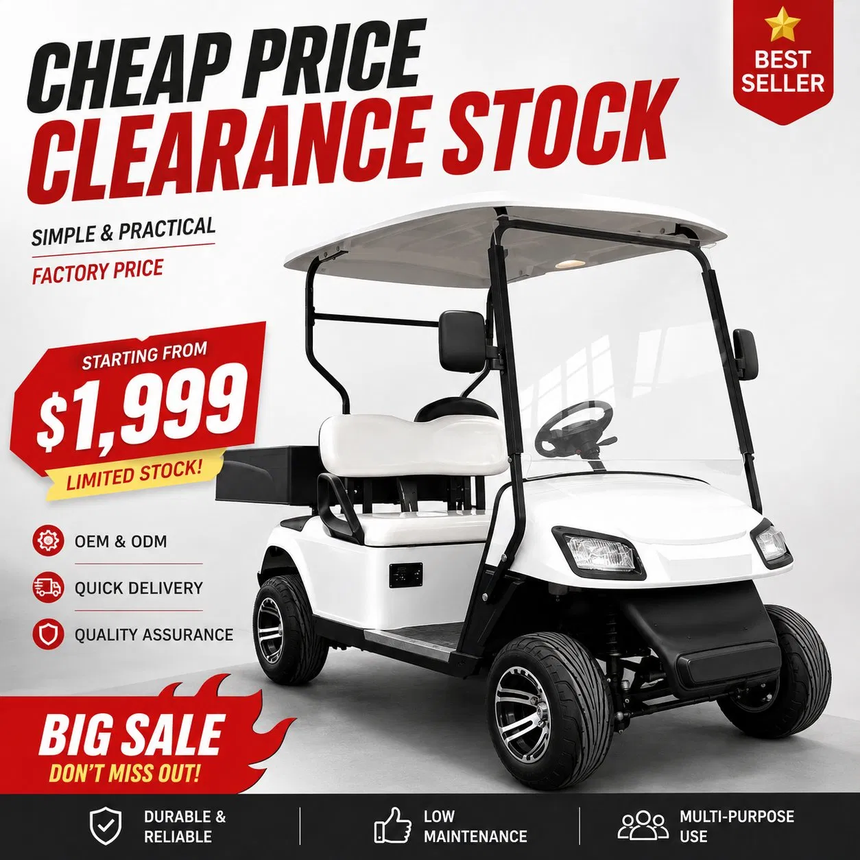 Low Price with Cargo Bed 2 Seater 48V 4kw AC Motor 500kg Load Capacity Utility Electric Golf Cart