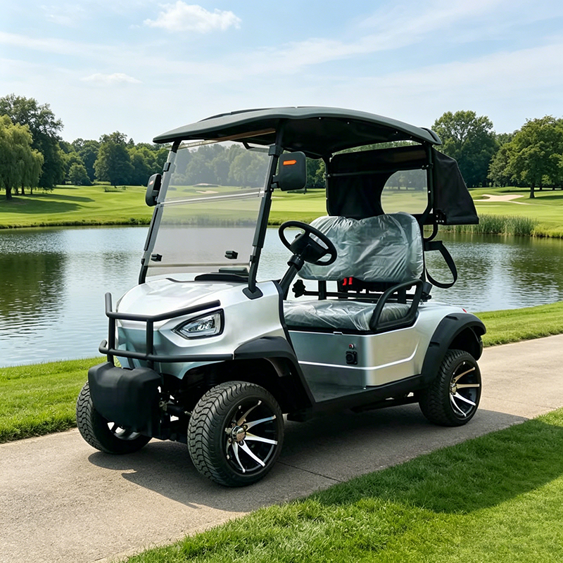 Silver 2-Seater Urban Electric Golf Cart, Compact Utility Vehicle with Foldable Windshield &amp; Rear Privacy Cover