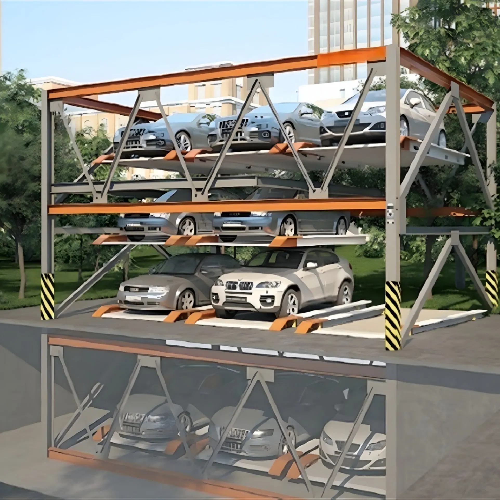 Compact Puzzle Parking System Designed with Modular Steel Frames to Double Parking Capacity in Limited Areas