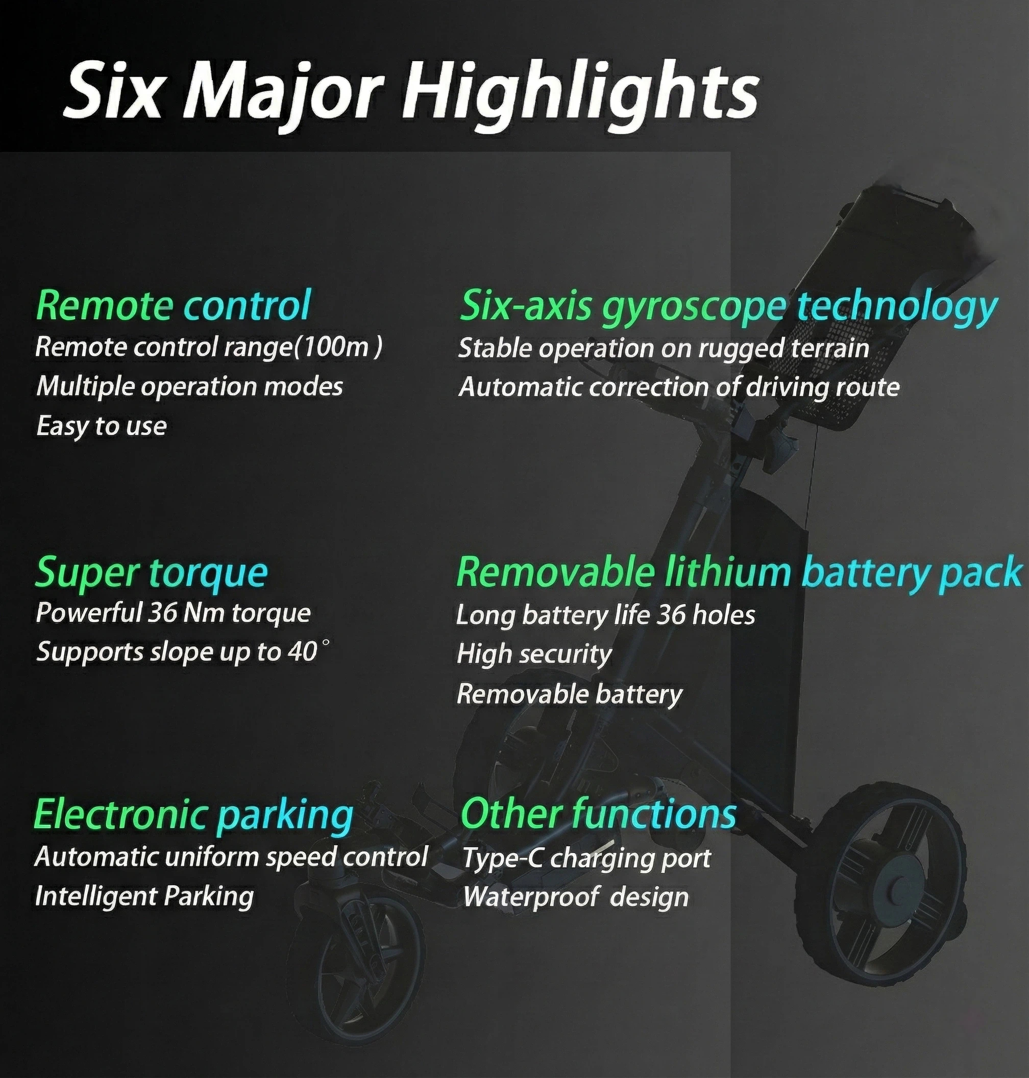 All Terrain Electric Golf Cart 40 Degree Hill Climb High Torque Dual Motor Remote Control 6 Axis Gyro Straight Line Tracker Sys