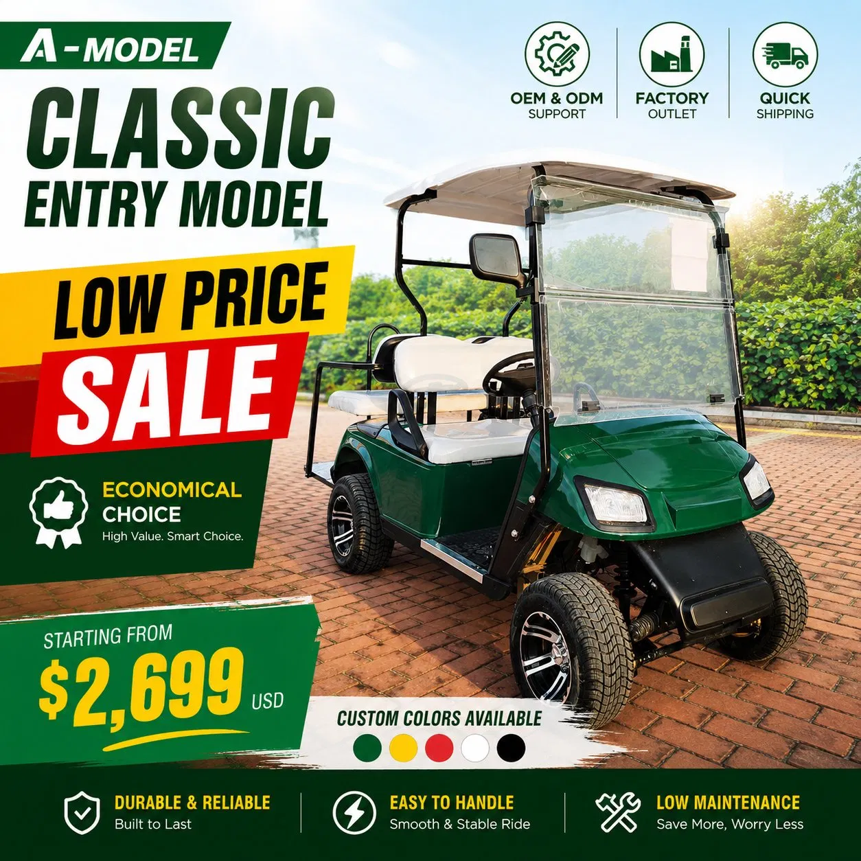 Low Price with Cargo Bed 2 Seater 48V 4kw AC Motor 500kg Load Capacity Utility Electric Golf Cart