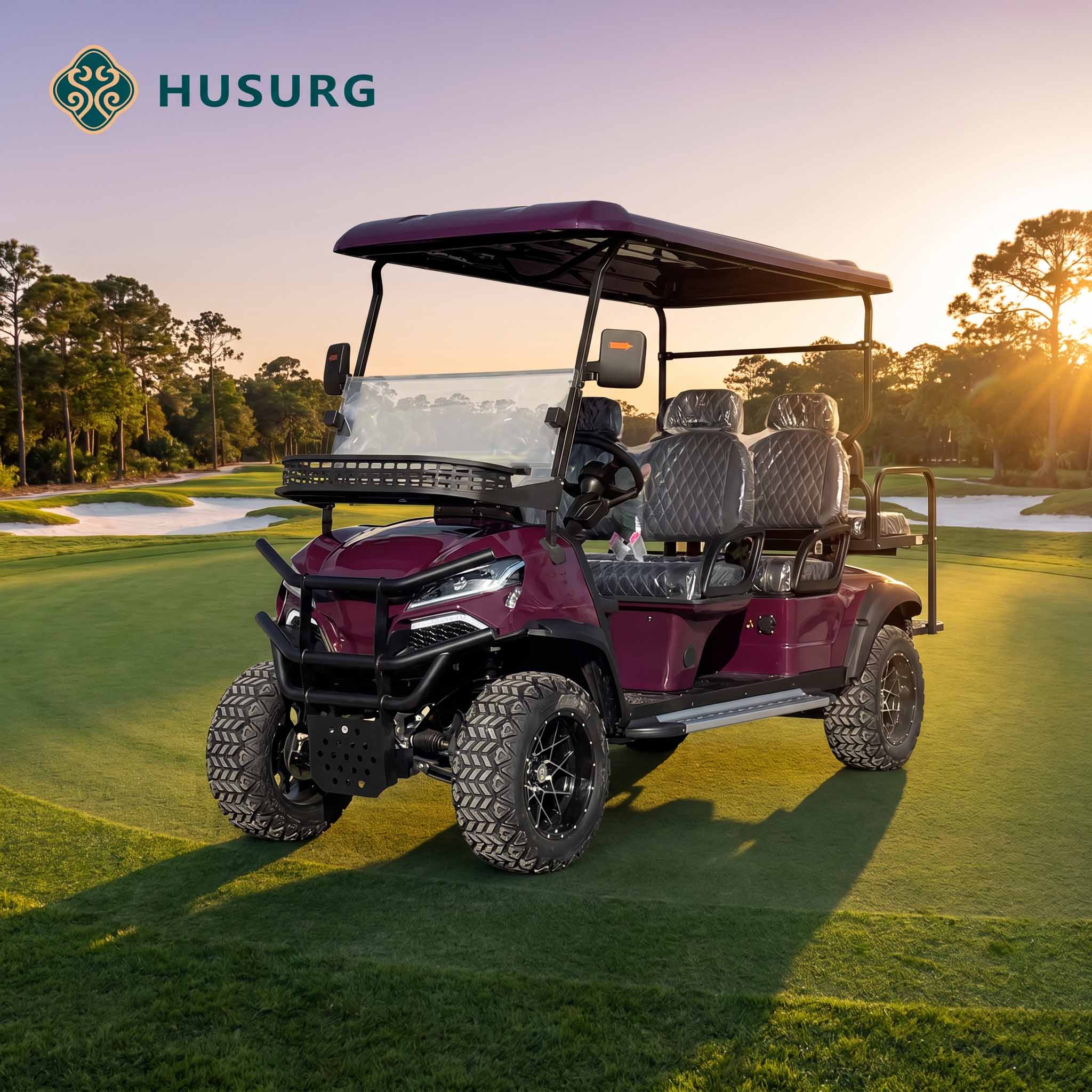 4+2 Seater Electric Golf Cart With Windshield &amp; Roof, Custom Color Logo Available, 6 Passenger Utility Hunting Shuttle Car