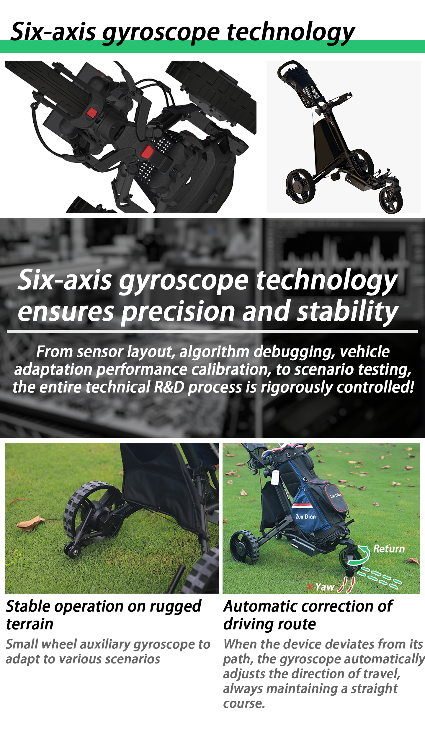 All Terrain Electric Golf Cart 40 Degree Hill Climb High Torque Dual Motor Remote Control 6 Axis Gyro Straight Line Tracker Sys