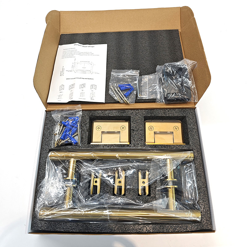 Joboo Satin Gold Crl Beveled 90 Degree Solid Brass Shower Glass Door Hinge Clamp Combo and Stainless Steel Door Pull Handle Set