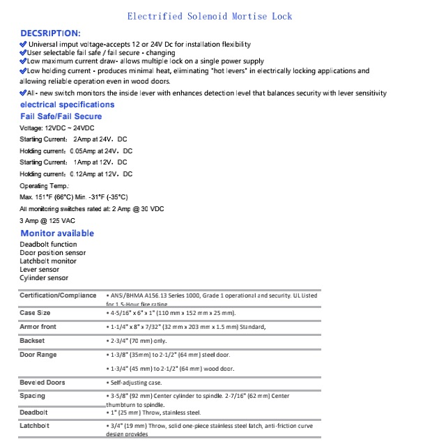 ANSI Grade Cylinder Heavy Duty Door Key Mortise Security Lock