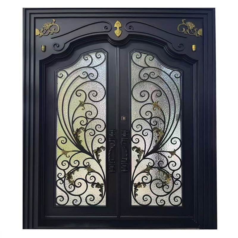 Unique Design Exterior Main Entrance Front Wrought Iron Door with Metal Steel Glass Front Securty Double Door