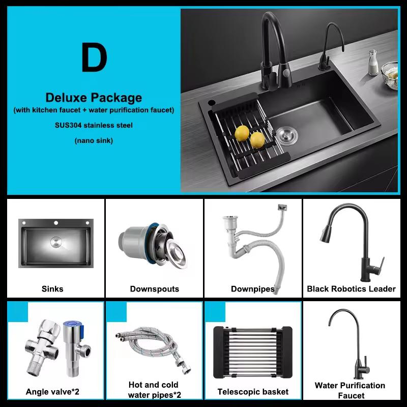 Whole Set 304 Stainless Steel Multi-Functional Kitchen Sink Big Single Bowl with Single Handle Pull Down Sink Kitchen Faucet