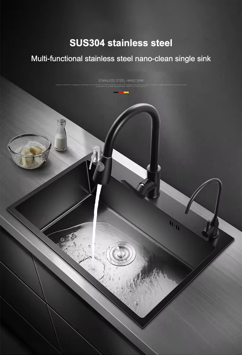 Whole Set 304 Stainless Steel Multi-Functional Kitchen Sink Big Single Bowl with Single Handle Pull Down Sink Kitchen Faucet