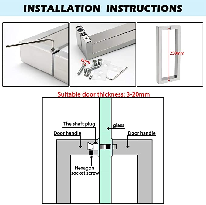 10-Inch SUS304 Stainless Steel Brushed Nickel Square Back-to-Back Double Shower Glass Door Handle Pull Set with Washers