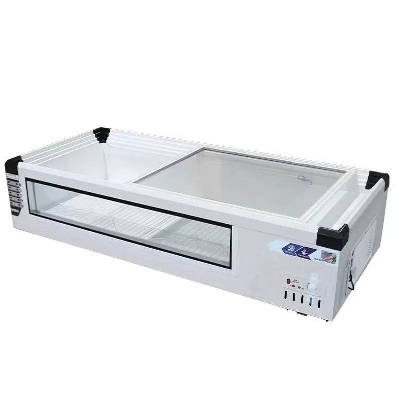 Island Double Glass Display Freezer for Stall, Small Mobile Commercial Refrigerator for Night Market Cold Storage &amp; Freezing