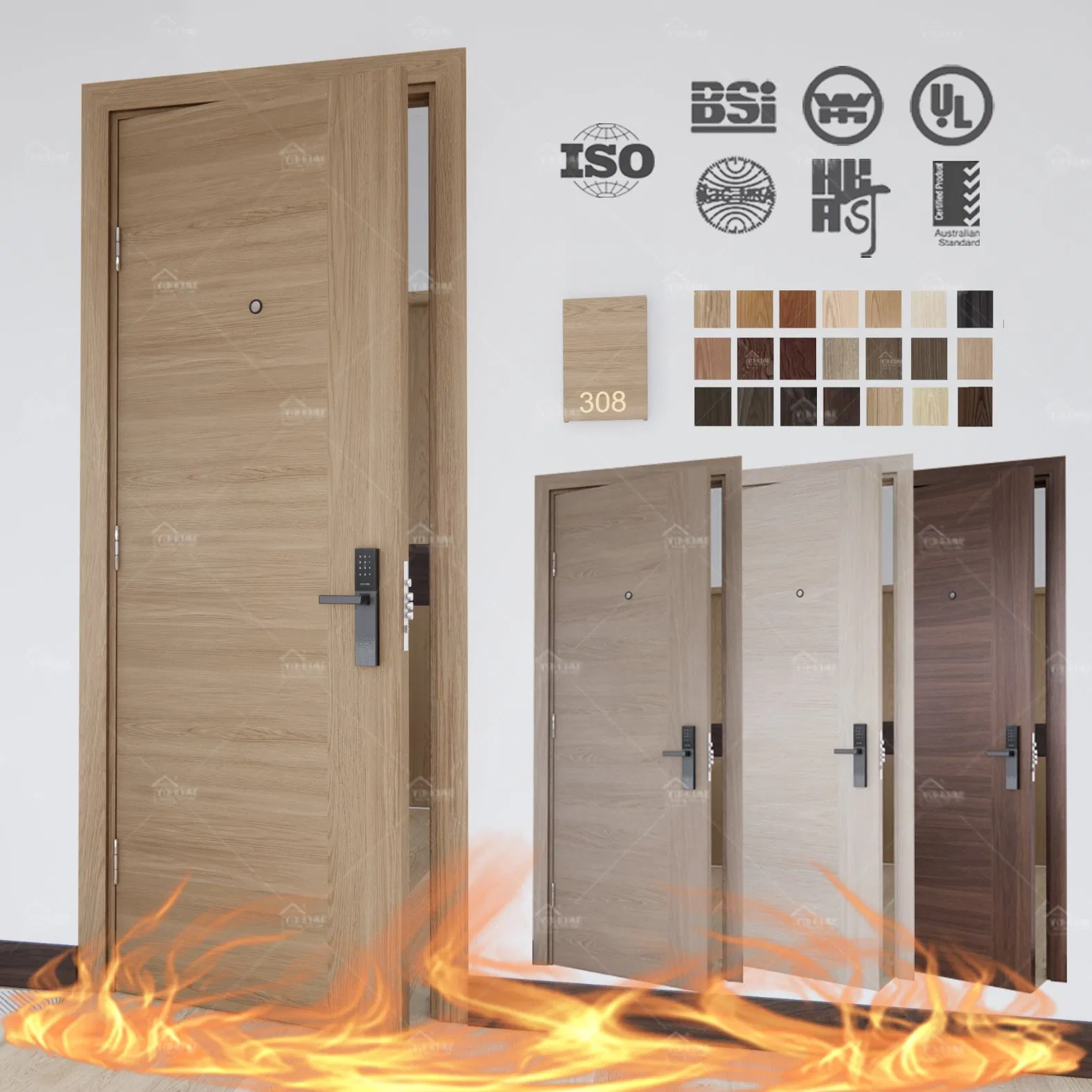 China Top Fire Door Manufacturing CE Certified Entry Wood Hotel Room Fire Rated Door