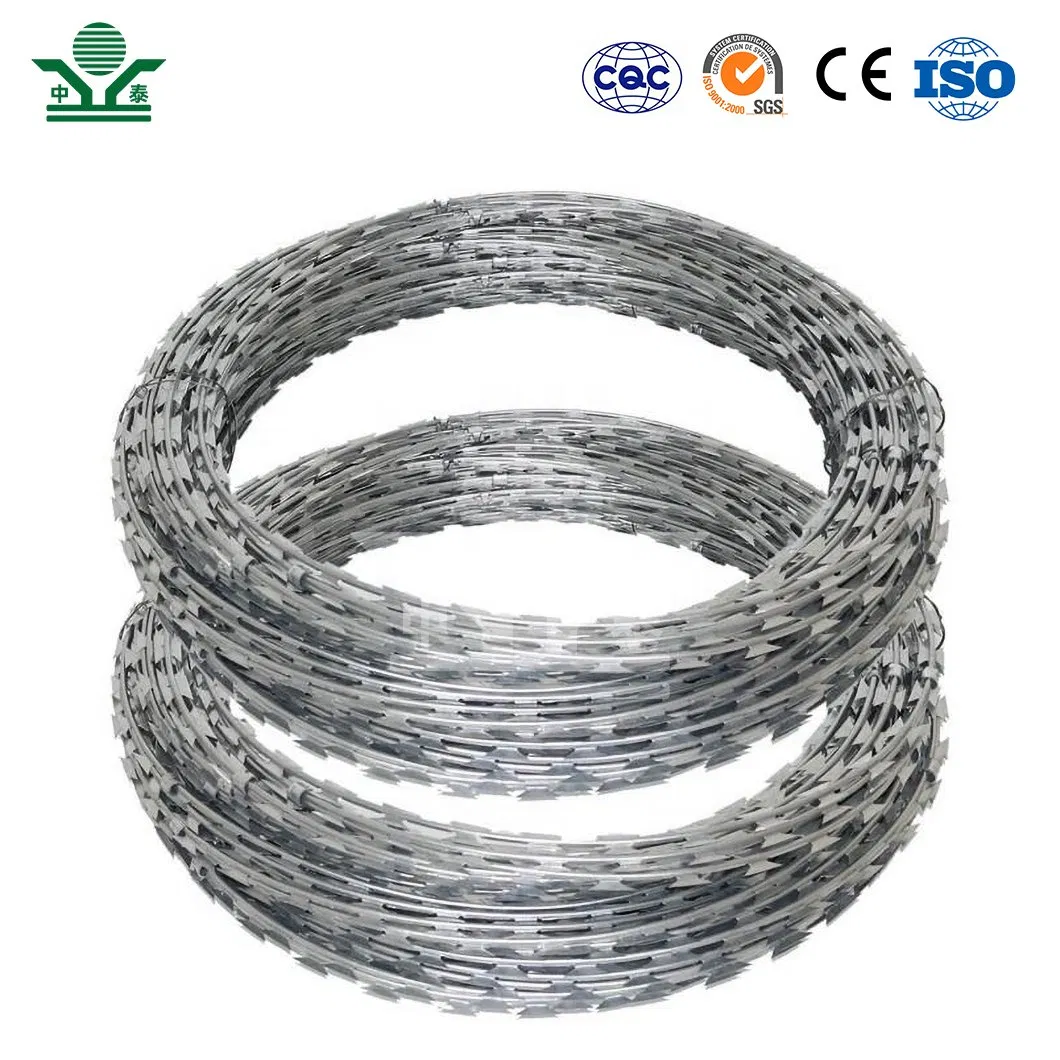 Zhongtai Sharp Blades Concertina Razor Barbed Wire China Manufacturing 50 Inch Coil Diameter Electro Galvanized Barbed Wire Used for 8 Gauge Wire Prison Fence