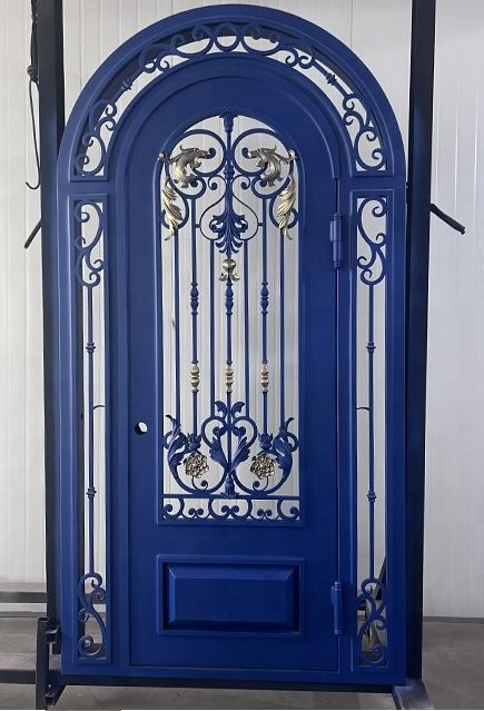 Blue Color Double Front Entry Royal Style Wrought Steel Iron Metal Security Glass Doulbe Security Door with Lock