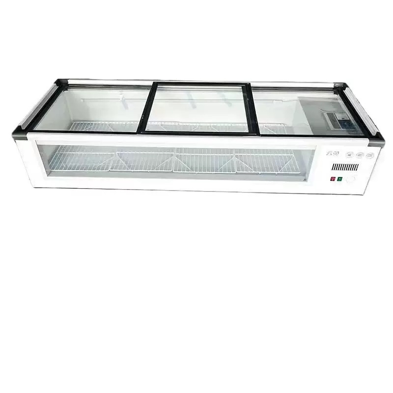 Island Double Glass Display Freezer for Stall, Small Mobile Commercial Refrigerator for Night Market Cold Storage &amp; Freezing