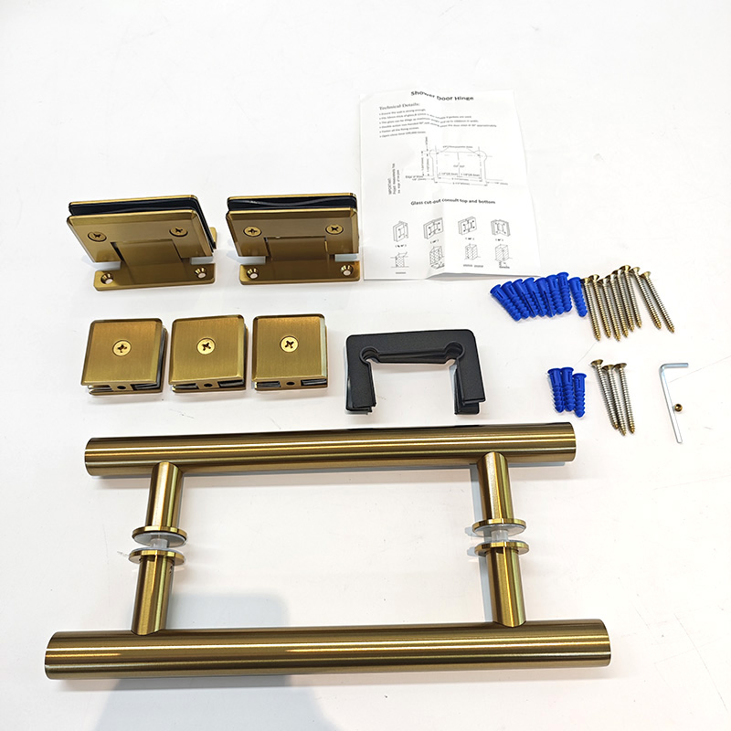 Joboo Satin Gold Crl Beveled 90 Degree Solid Brass Shower Glass Door Hinge Clamp Combo and Stainless Steel Door Pull Handle Set