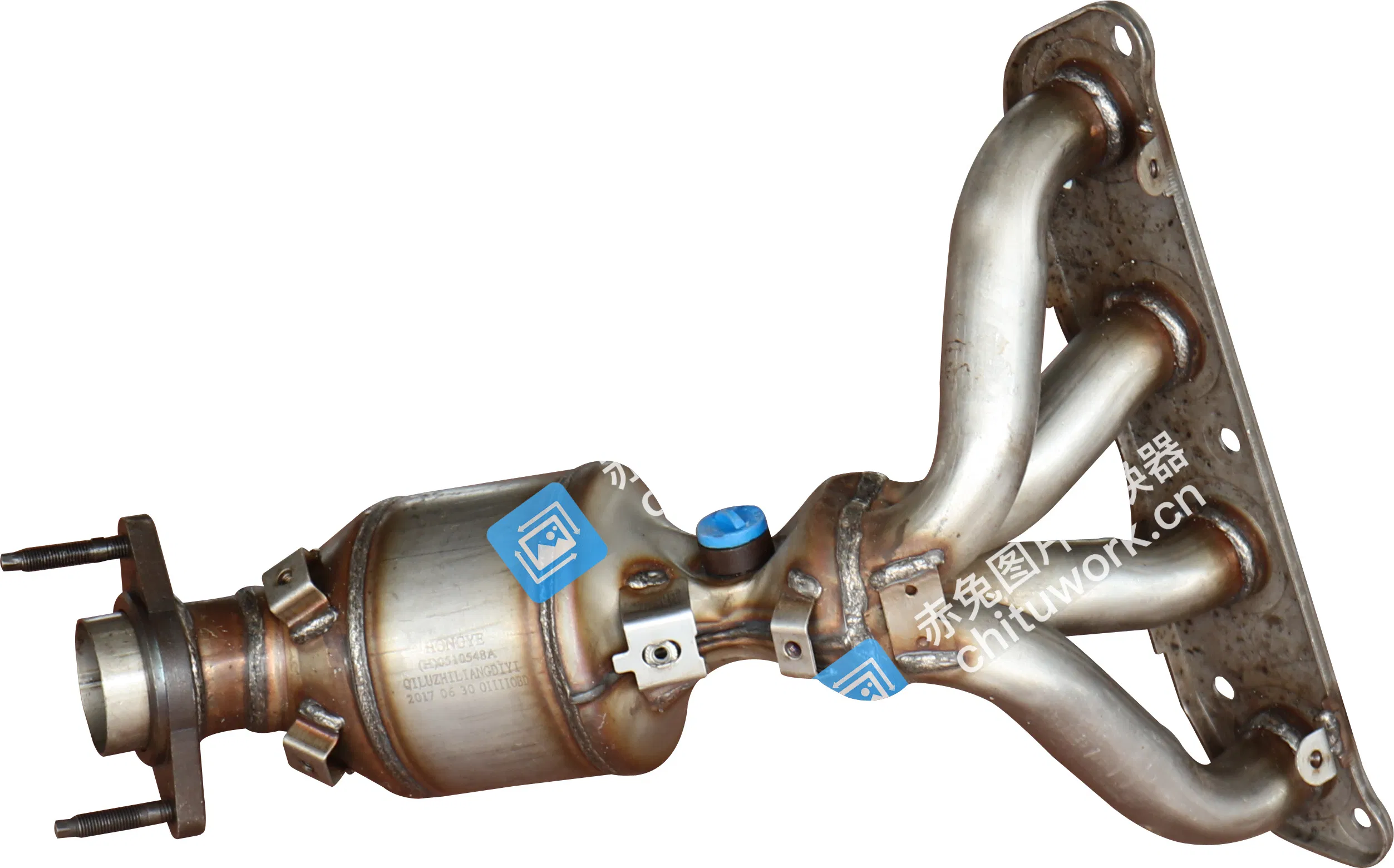 Stainless Steel Catalytic Converter with Internal Ceramic Core and Sensor Ports.