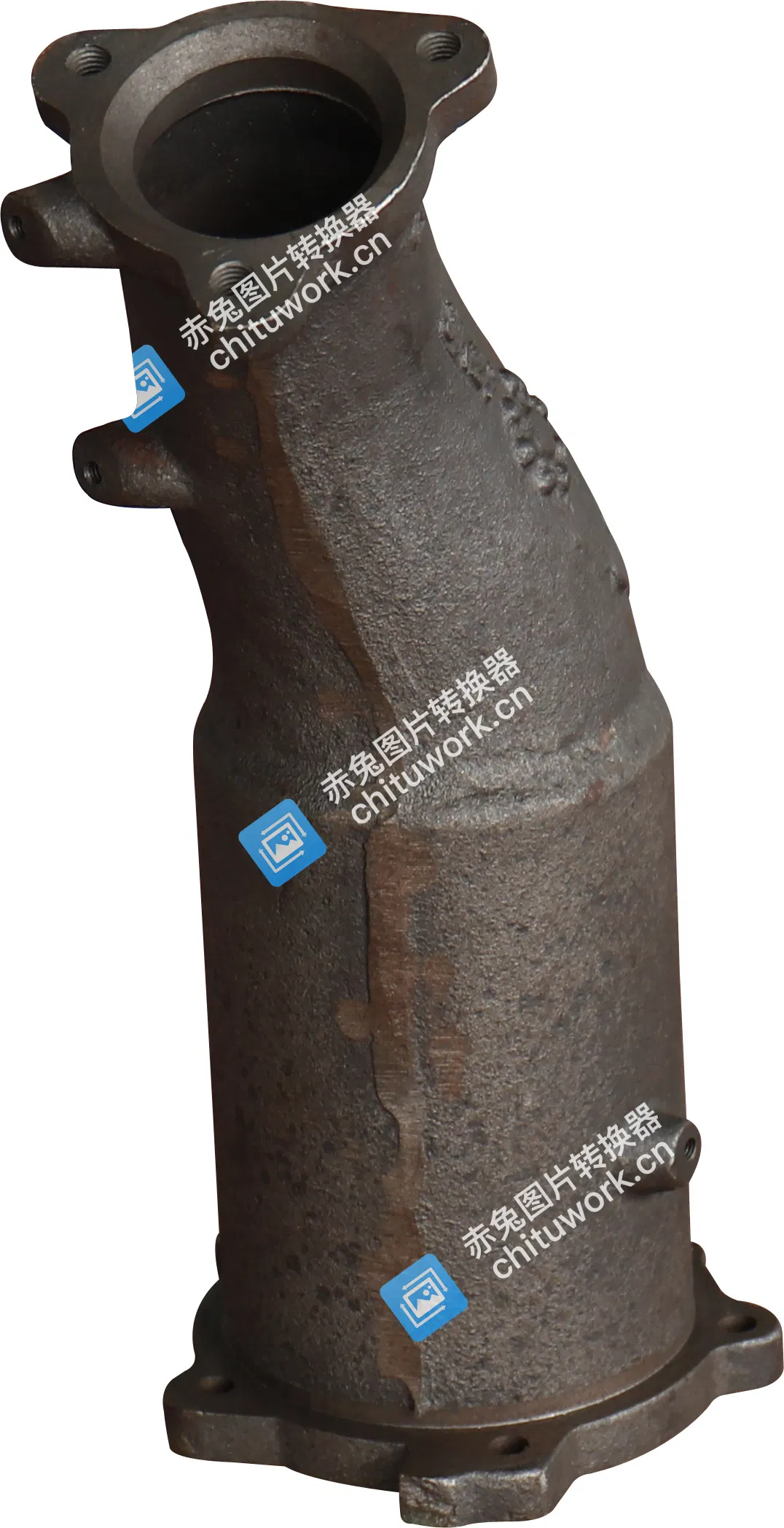 Stainless Steel Catalytic Converter with Internal Ceramic Core and Sensor Ports.